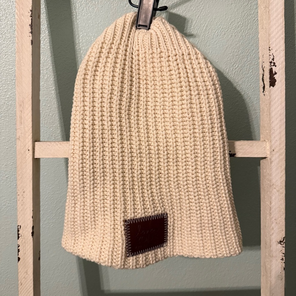 Love Your Melon Slouch Cream Knit Beanie with Leather Patch Women